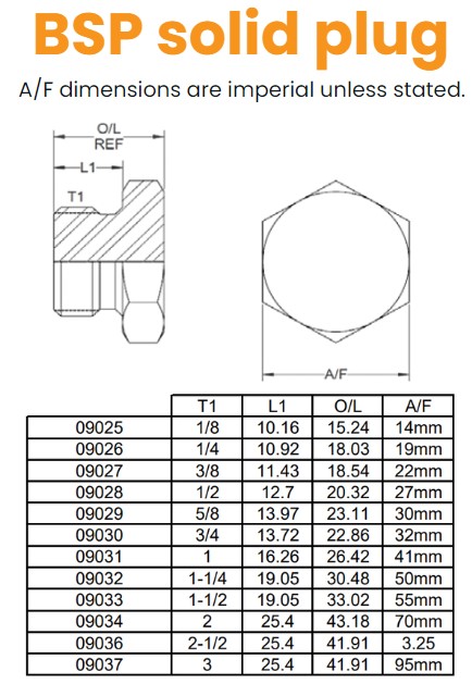 1/8 BSP Solid Plug Hydraulic Adaptor